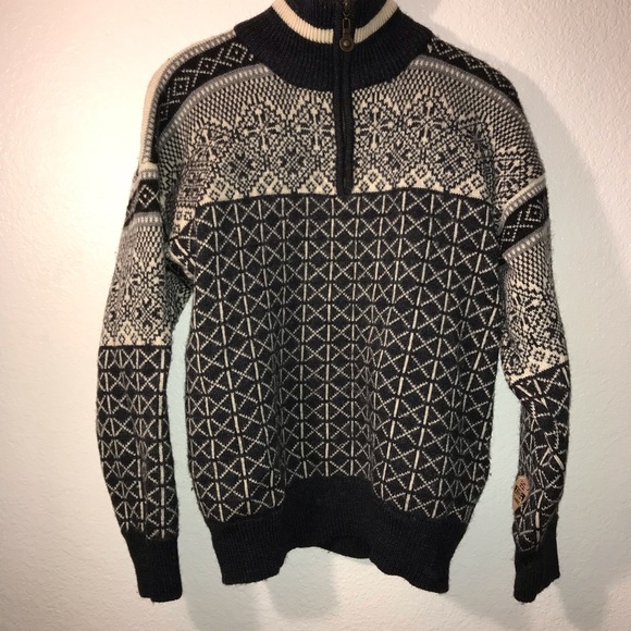 WINDFJORD SWEATER Black White 3/4 Zip 100% Pure New Wool size Large - Picture 2 of 16